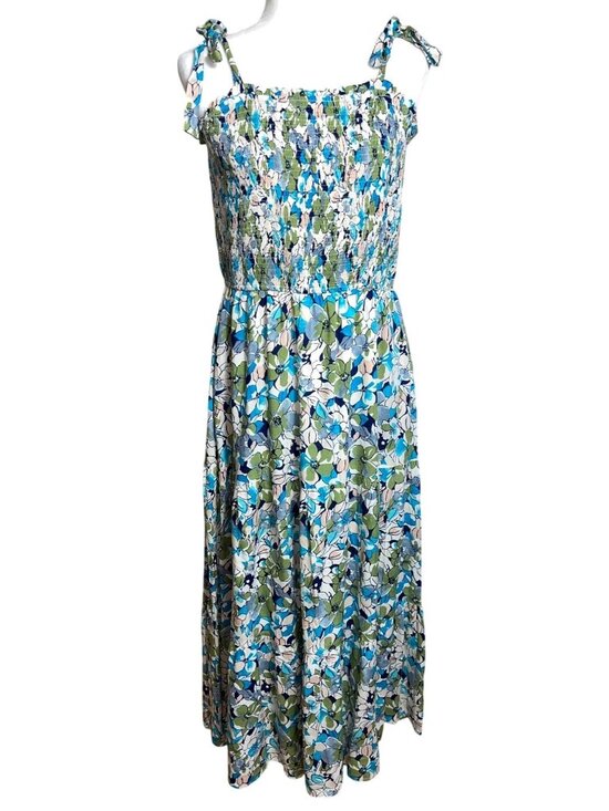 Hayden Dresses & Skirts - Hayden Dress Maxi Blue Floral Smocked Tiered Boho Pockets Coastal Travel Wom L